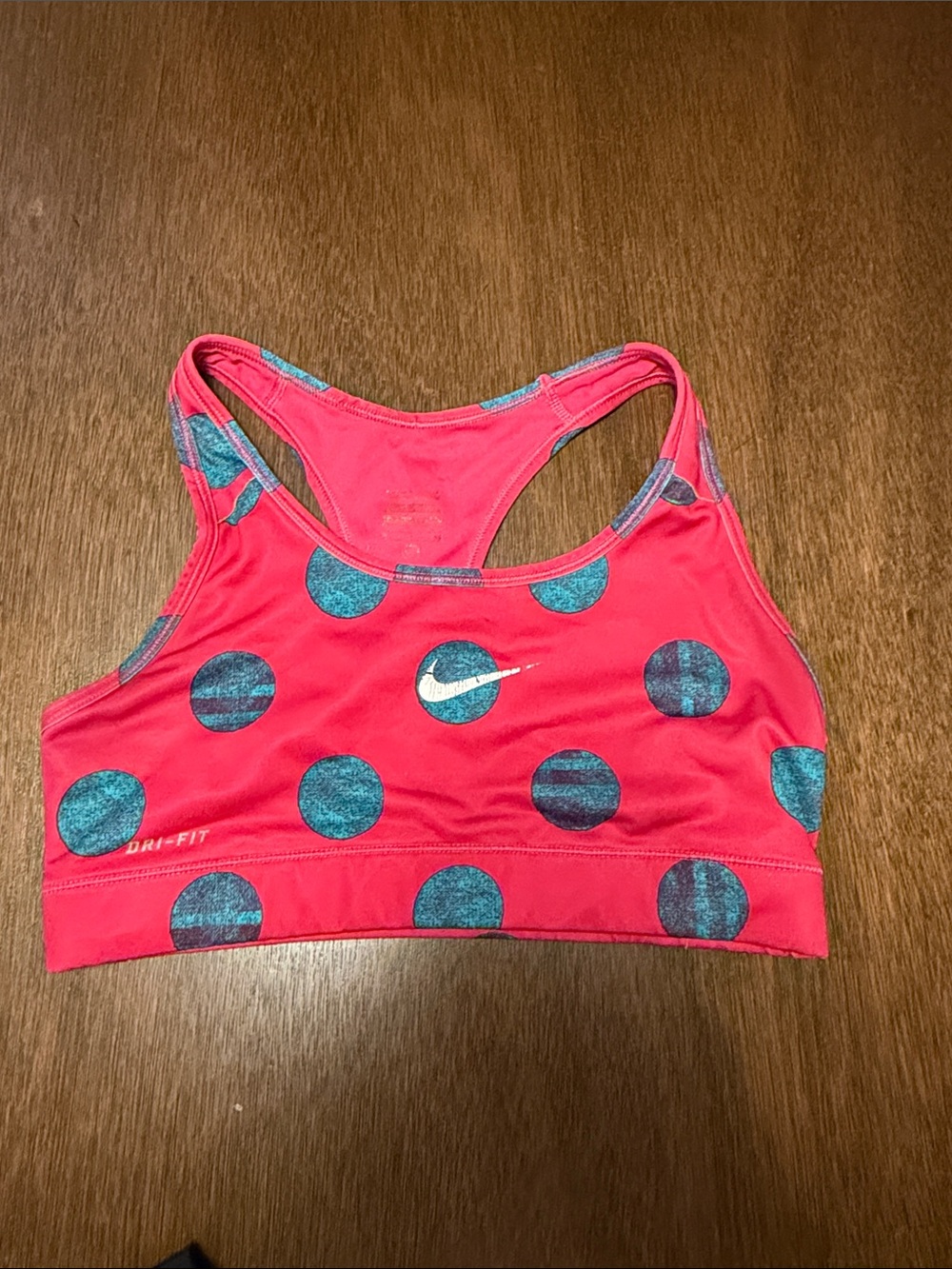Nike Women’s Coral Pink Swim Coverup Sports Bra with Teal Polka Dots